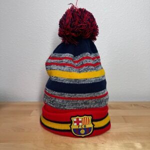 FC Barcelona Striped Knit Beanie Hat Pom Pom Red Navy Yellow Soccer FCB RN150123